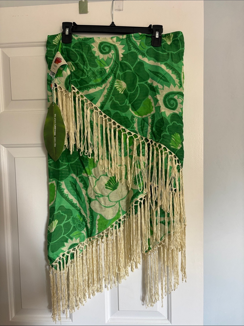 FARM Rio Green Floral Curtain Panel with Cream Fringe